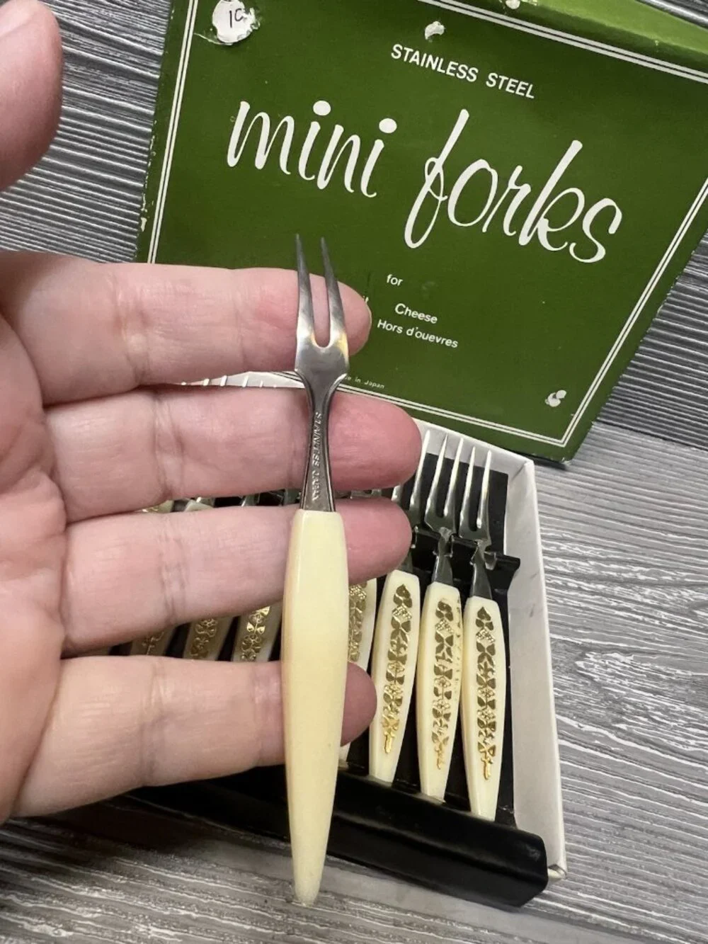 Vintage Set Little Forks 12 Stainless Steel Relish Hors D'oeuvres Japan in Box